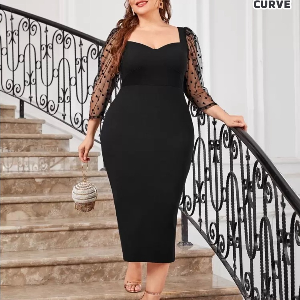Elegant Black Dress with Sheer Polka Dot Sleeves